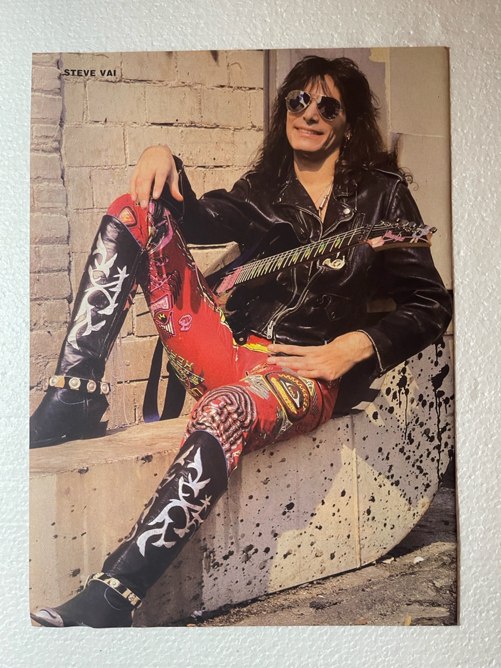 Steve Vai pinup Featuring Red Graphic Pants & Black Leather Jacket